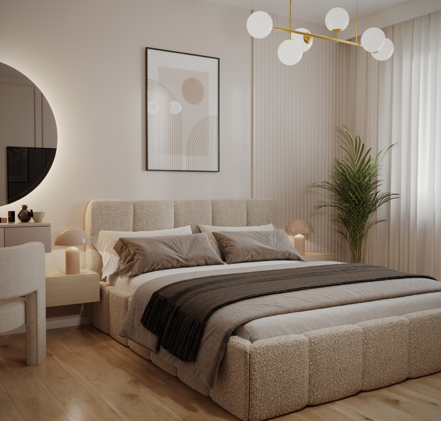 projekt minimalistycznej sypialni wykonany przez Studio Wykreślone