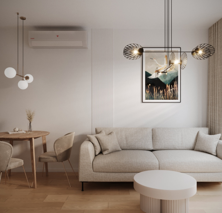 beżowa sofa w eleganckim salonie