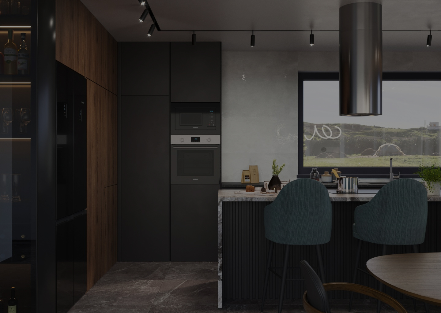 Projekt ciemnego wnętrza salonu połączonego z kuchnią