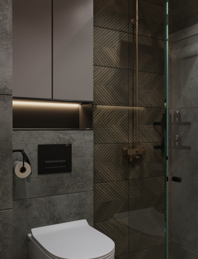 Ciemna łazienka z zielonym kamieniem na ścianach