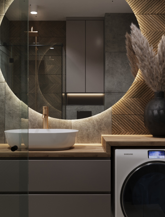 Ciemna łazienka z zielonym kamieniem na ścianach + ledowym lustrem