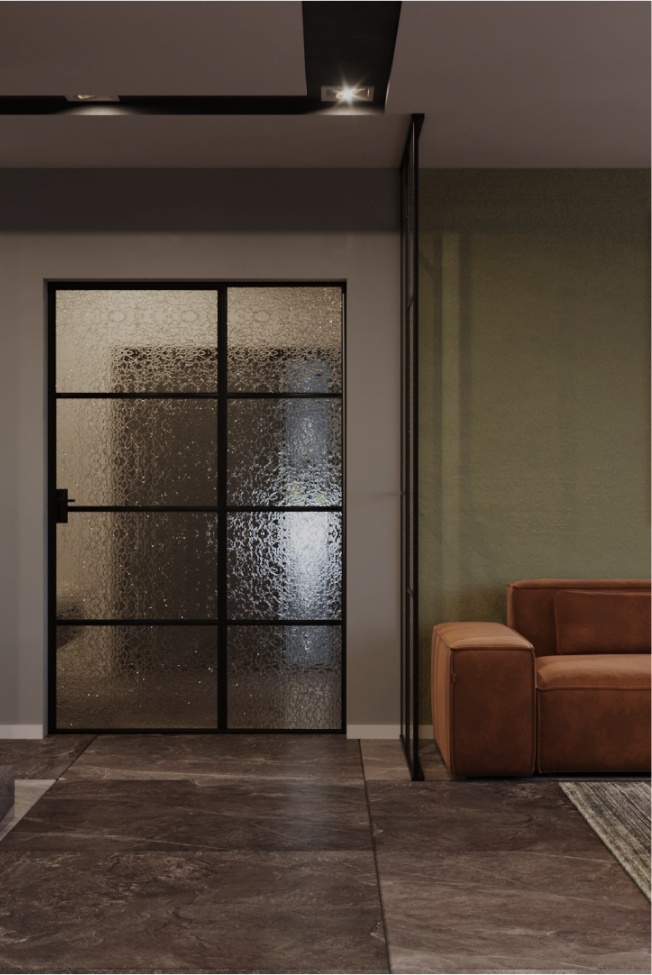 projekt wnętrza ciemnego salonu z zielonymi ścianami w Dzierżanowie