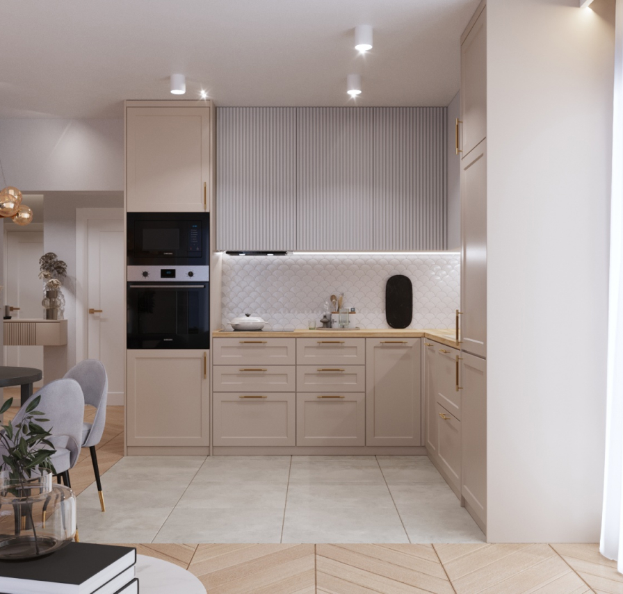 Jasna kuchnia połączona z saloenm