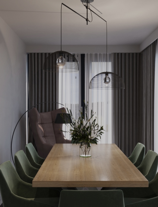 Projekt jadalni z zielonymi wstawkami