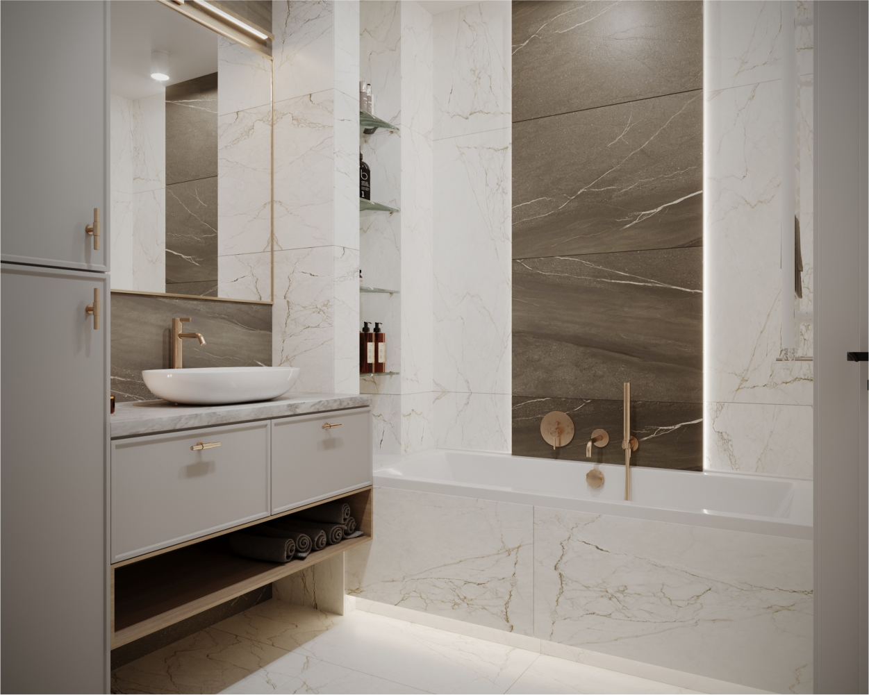 Jasna wanna z złotymi dodatkami