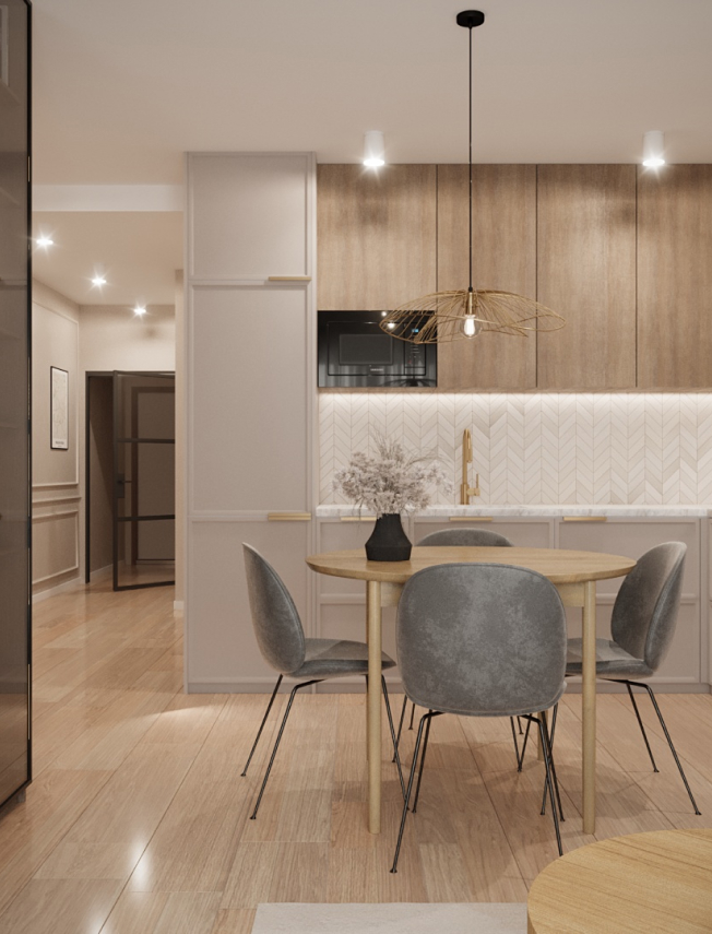 Kuchnia z szarymi krzesłami 