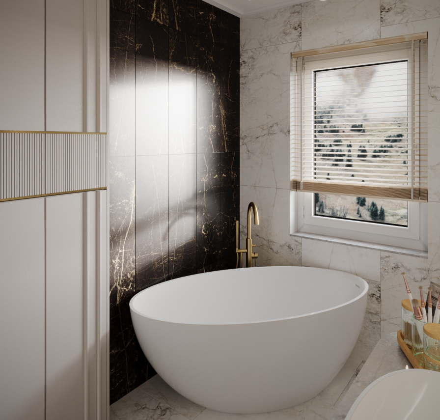 Jasna łazienka z ciemnym kamieniem na ścianie