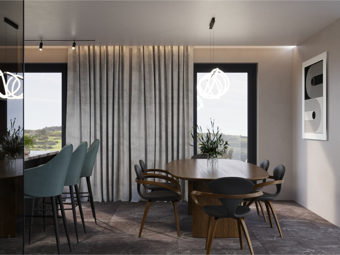 Projekt ciemnego wnętrza salonu połączonego z kuchnią