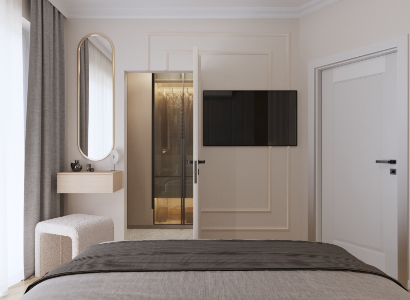 Sypialnia połączona z łazienką i telewizorem na ścianie