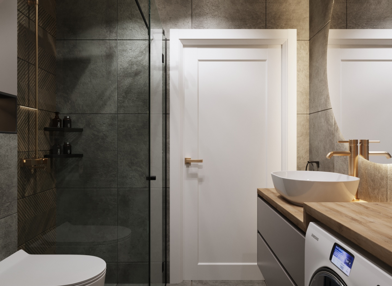 Ciemna łazienka z zielonym kamieniem na ścianach